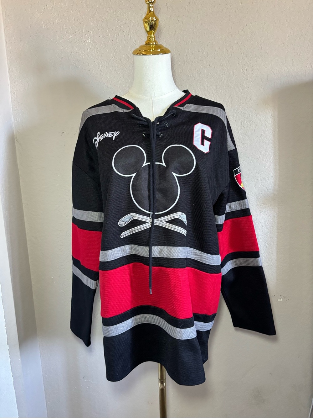 Disney Black, Red & Gray Mickey Hockey Jersey with Captain 'C'
